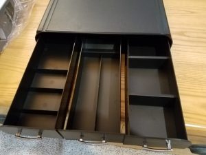 Monitor riser with drawers open