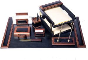 Dacasso Walnut and Black Leather Desk Set