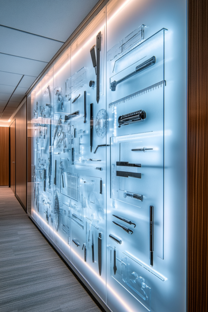 73 3 Illuminated Acrylic Art Panels with Embedded Office Objects