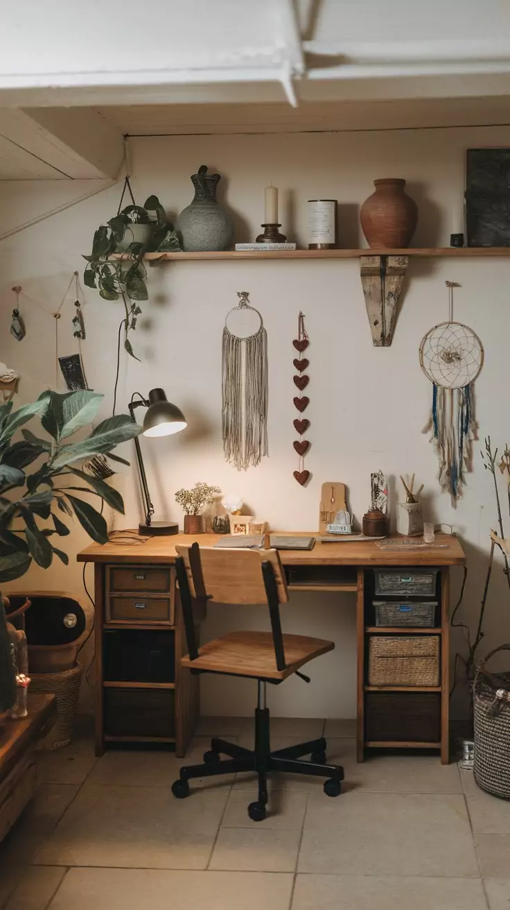 A cozy basement office featuring a wooden desk, plants, and artistic wall decor.