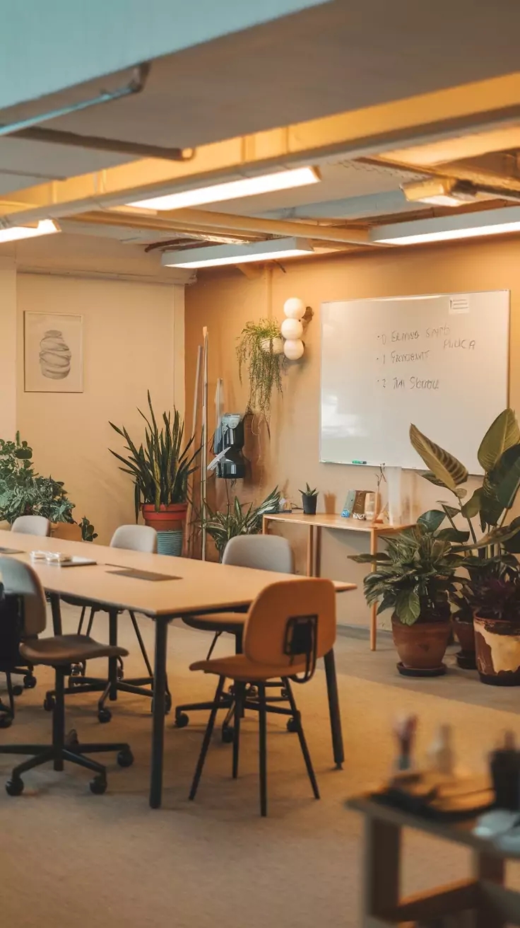 A well-lit basement office space with plants, a large table, and comfortable chairs, designed for teamwork.