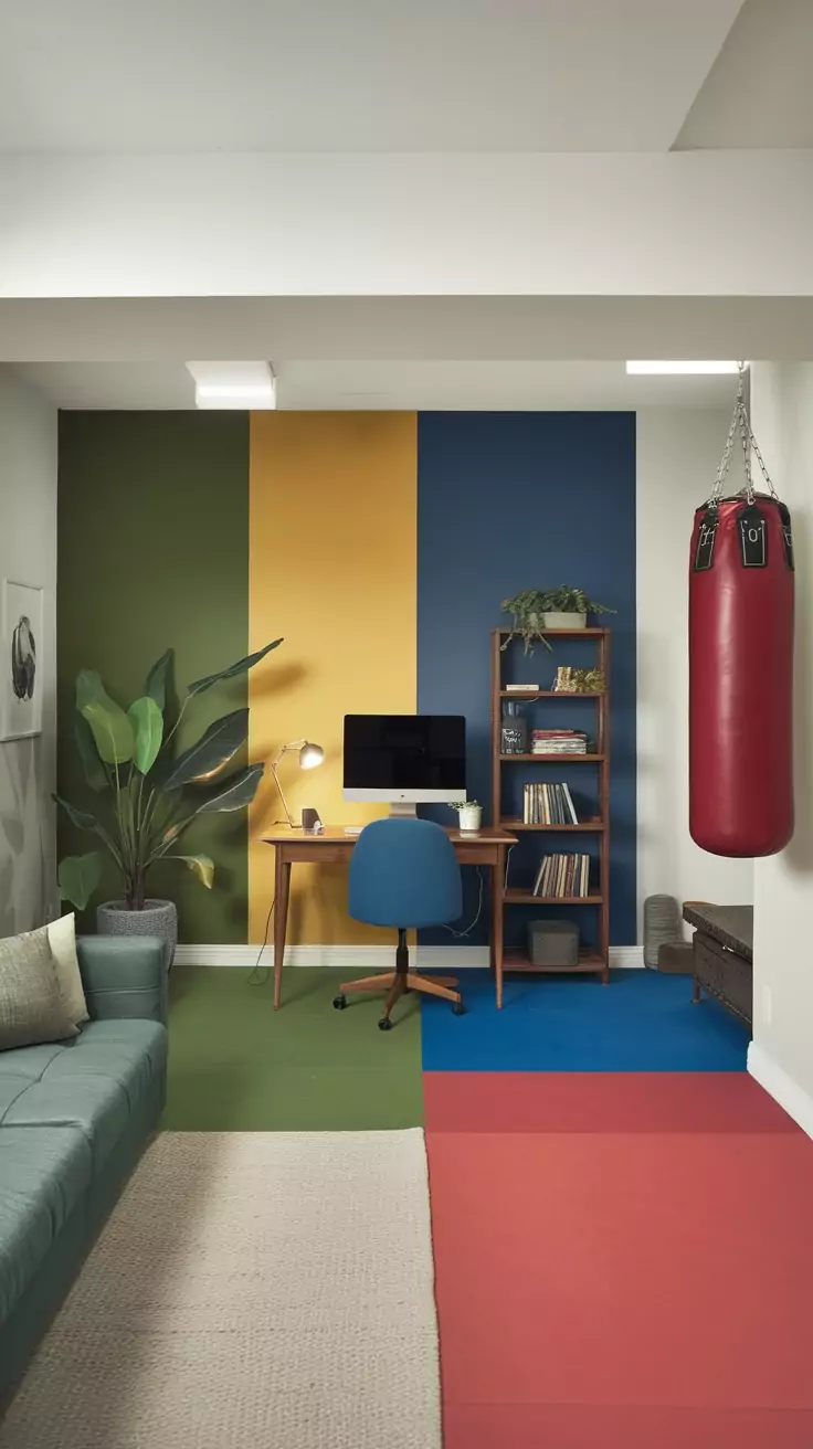 Brightly colored basement office with a desk, plant, and bookshelves.