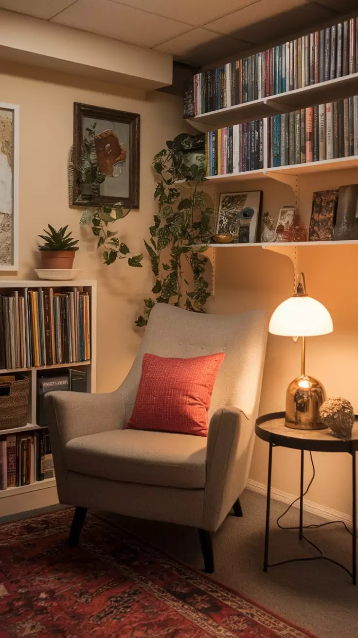 A cozy reading nook featuring a comfy chair, bookshelf, and decorative elements.