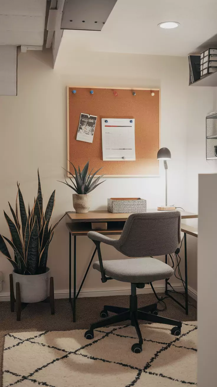 A neat and organized basement office setup with a desk, chair, and plants.