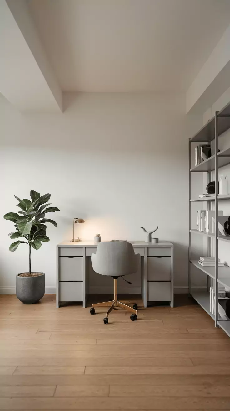 A minimalist basement office setup with a desk, chair, and plant.