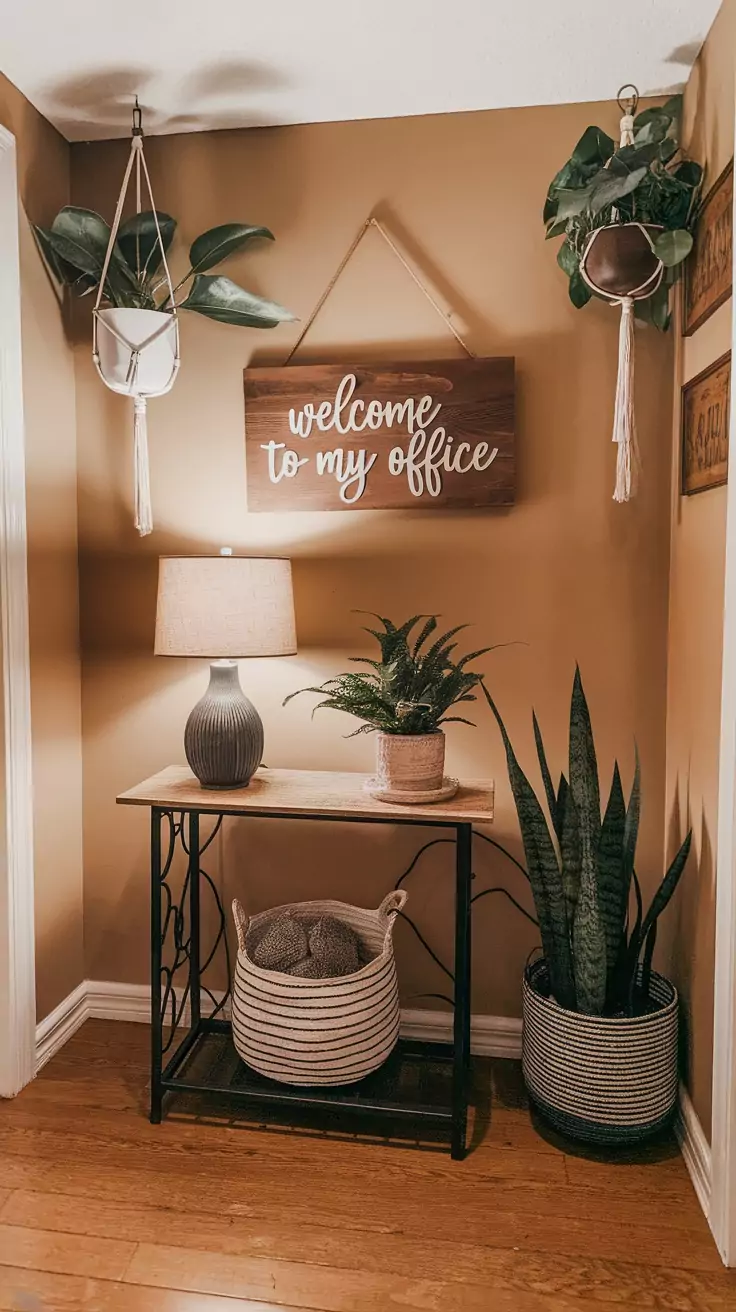 A welcoming entryway with a table, lamp, plants, and a sign that says 'welcome to my office.'