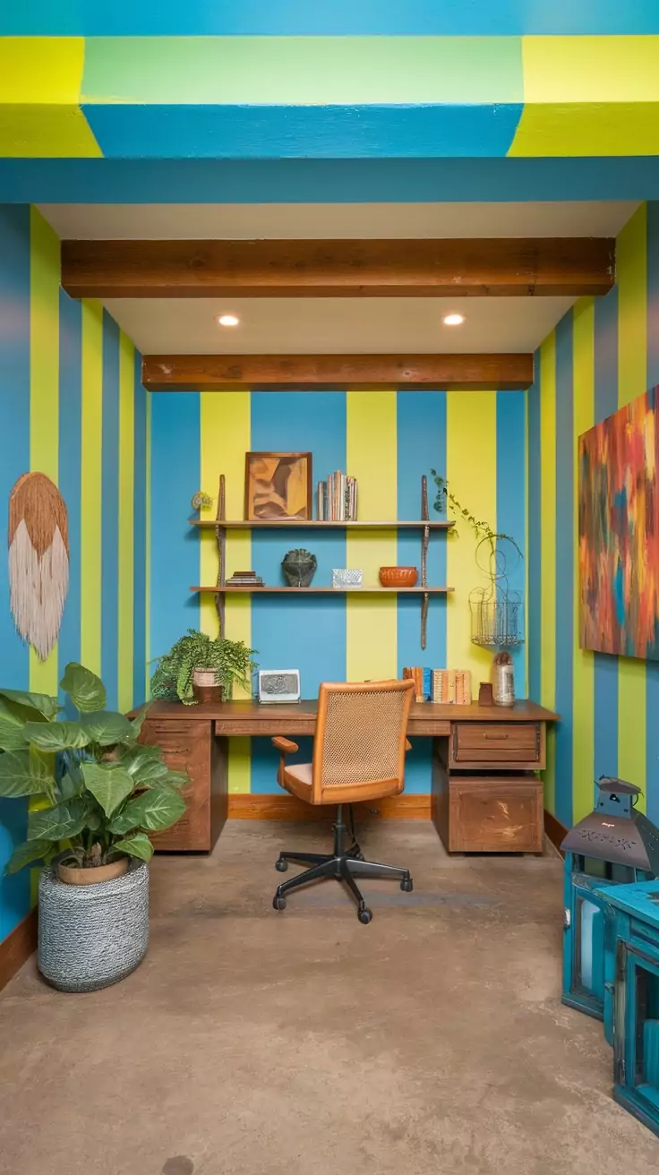 A colorful basement office with blue and green striped walls and wooden furniture.