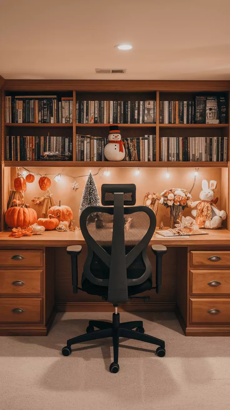 A well-decorated basement office with seasonal decorations.