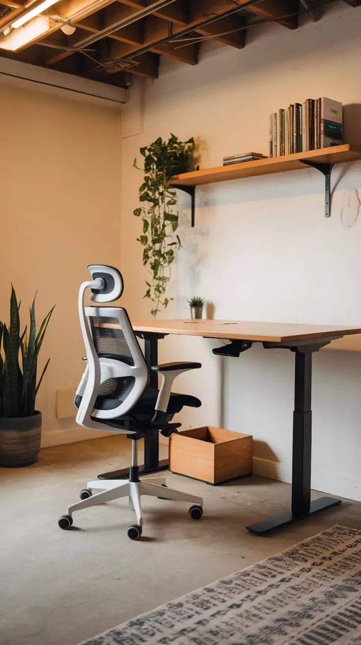 An ergonomic office setup featuring a height-adjustable desk and a comfortable chair in a basement office.