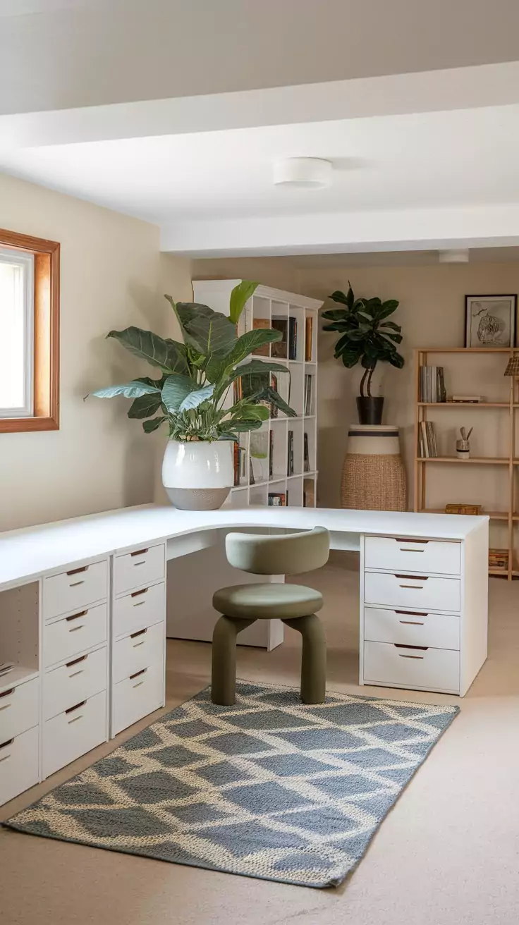 A modern basement office featuring modular furniture, including a large white desk, a comfortable green chair, and a cozy rug.