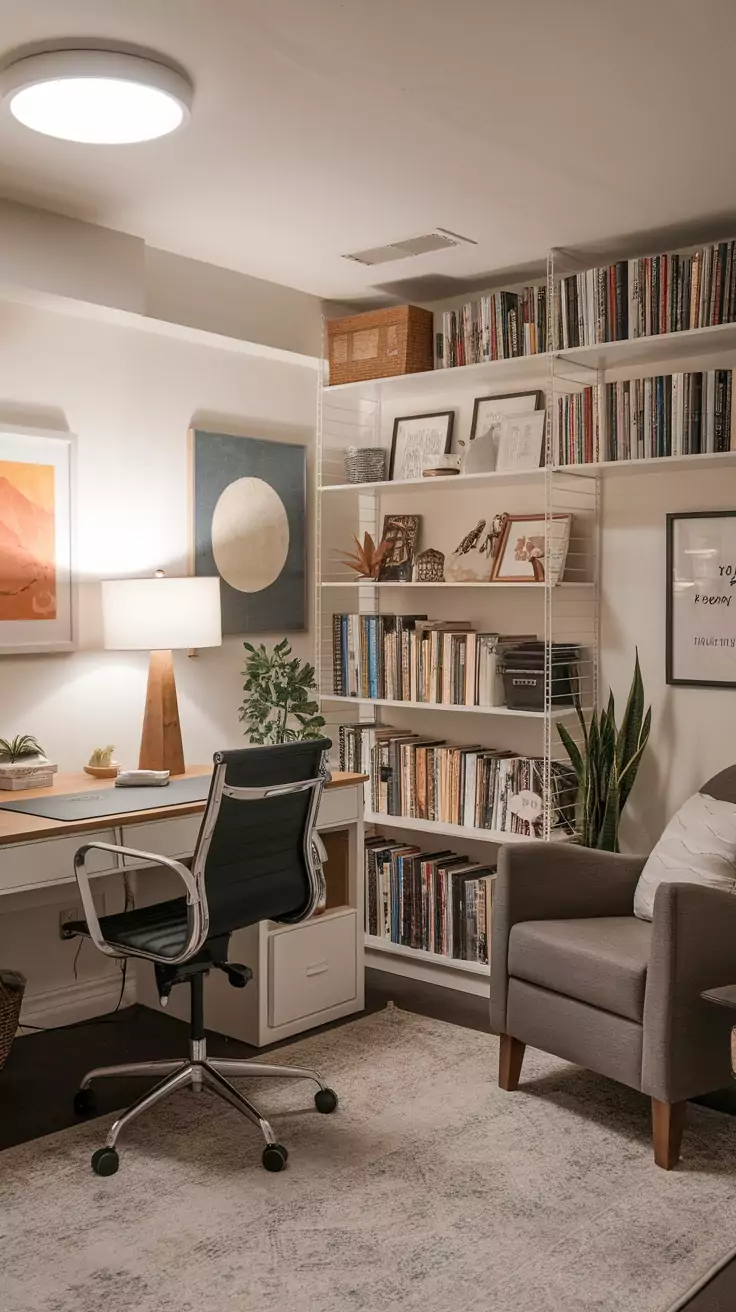 A stylish and functional basement office with a desk, chair, and shelves filled with books.