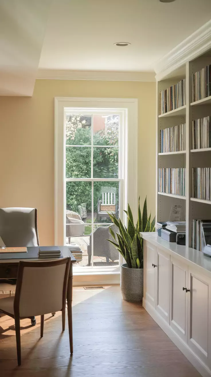 A stylish basement office with a view of greenery through a large window.