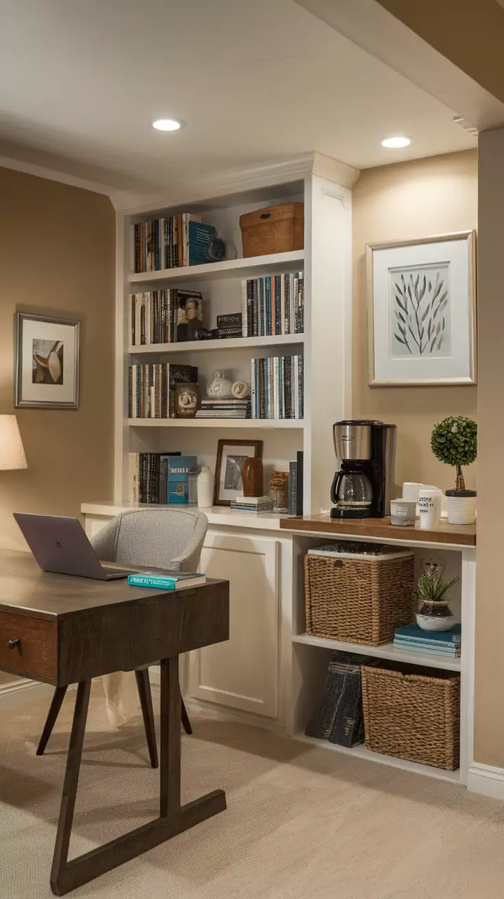 A cozy basement office setup featuring a coffee station, wooden desk, and comfortable chair.