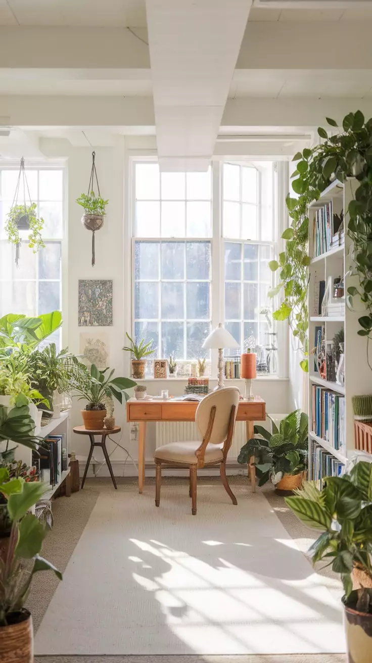 A bright and inviting basement office with plants and a desk near large windows.