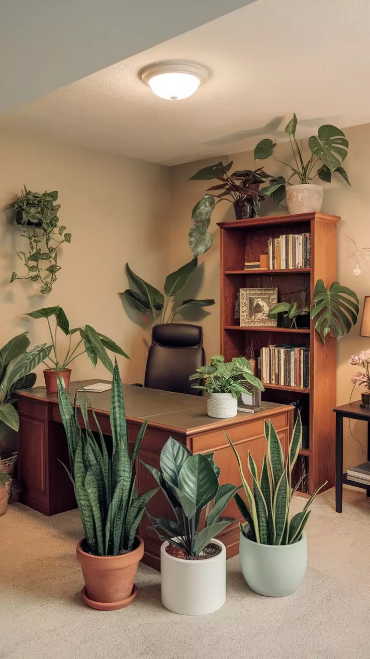 A cozy basement office with a desk surrounded by various indoor plants.