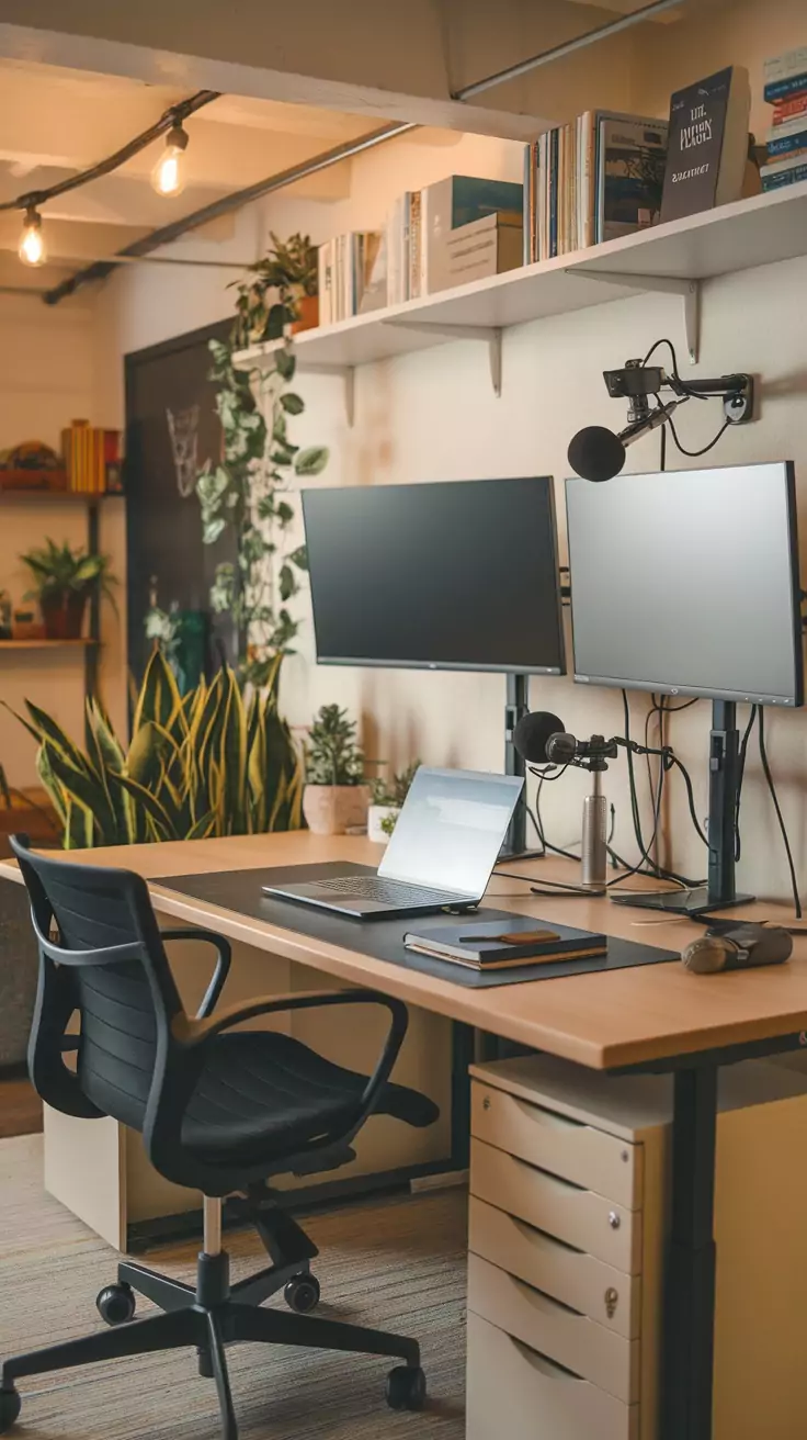 A stylish basement office setup with dual monitors, a laptop, and a comfortable chair, surrounded by plants.