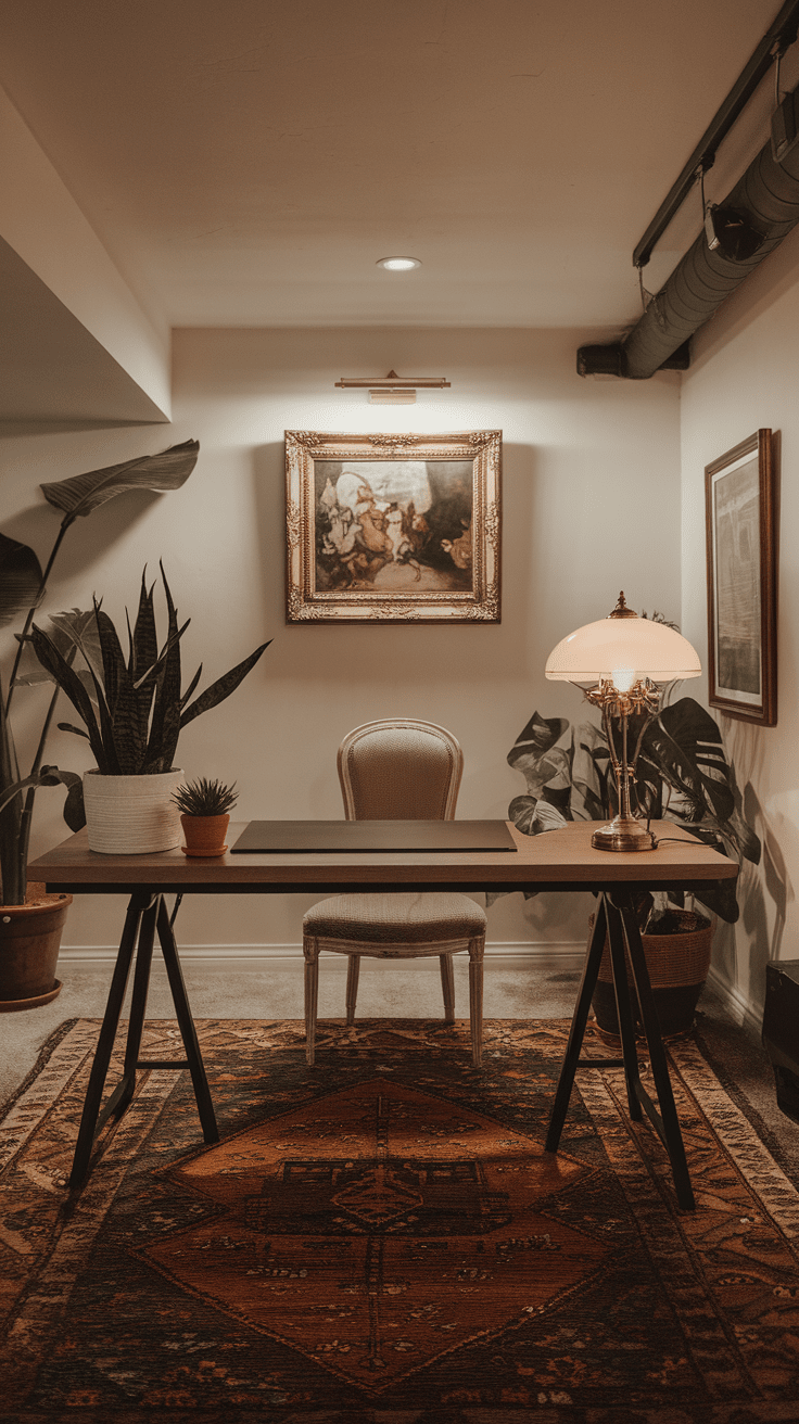 A vintage-style desk and chair in a basement office with bookshelves and plants.