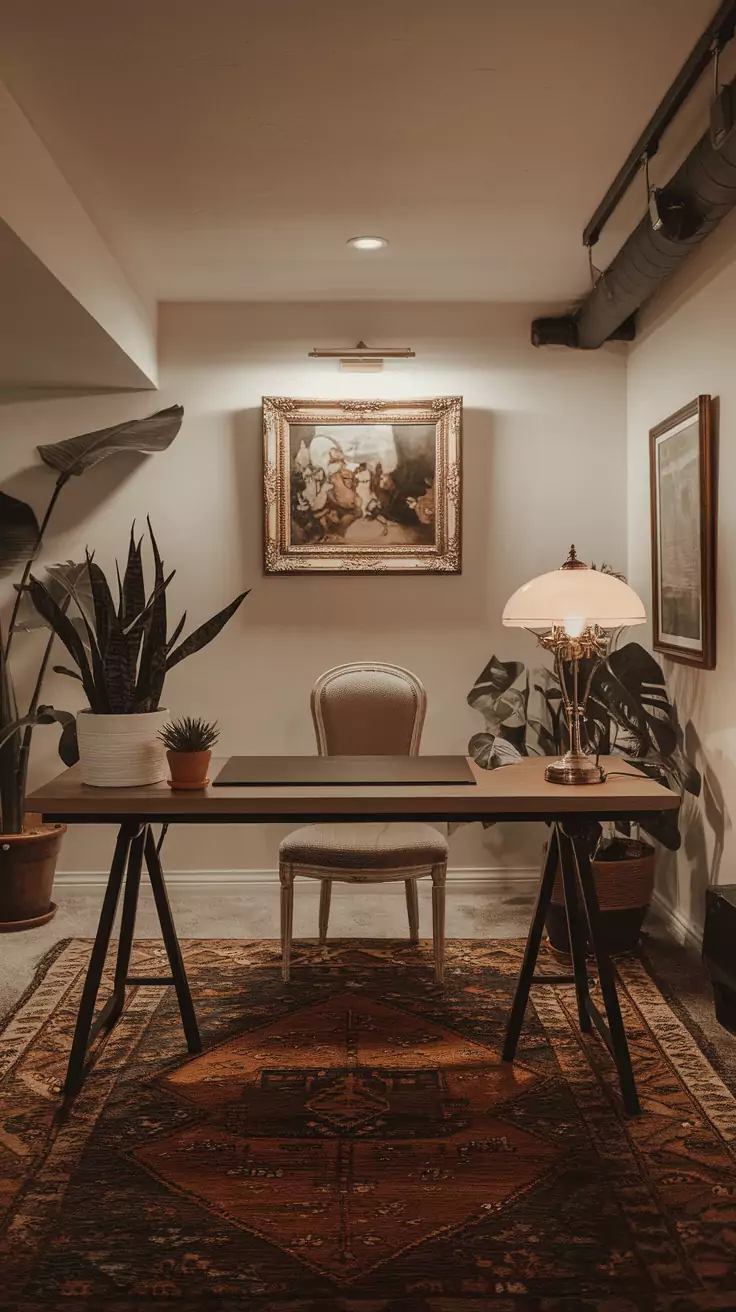 A vintage-style desk and chair in a basement office with bookshelves and plants.