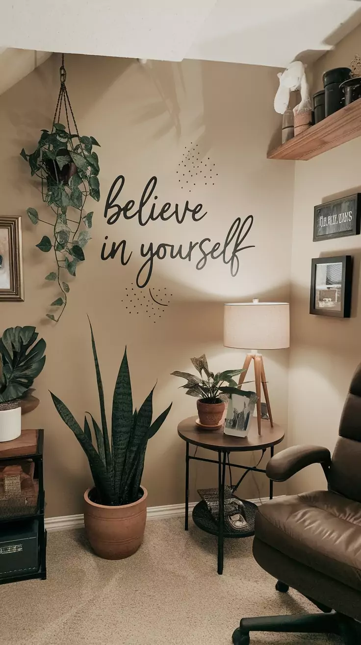 A cozy basement office featuring a motivational wall art, plants, and warm lighting.