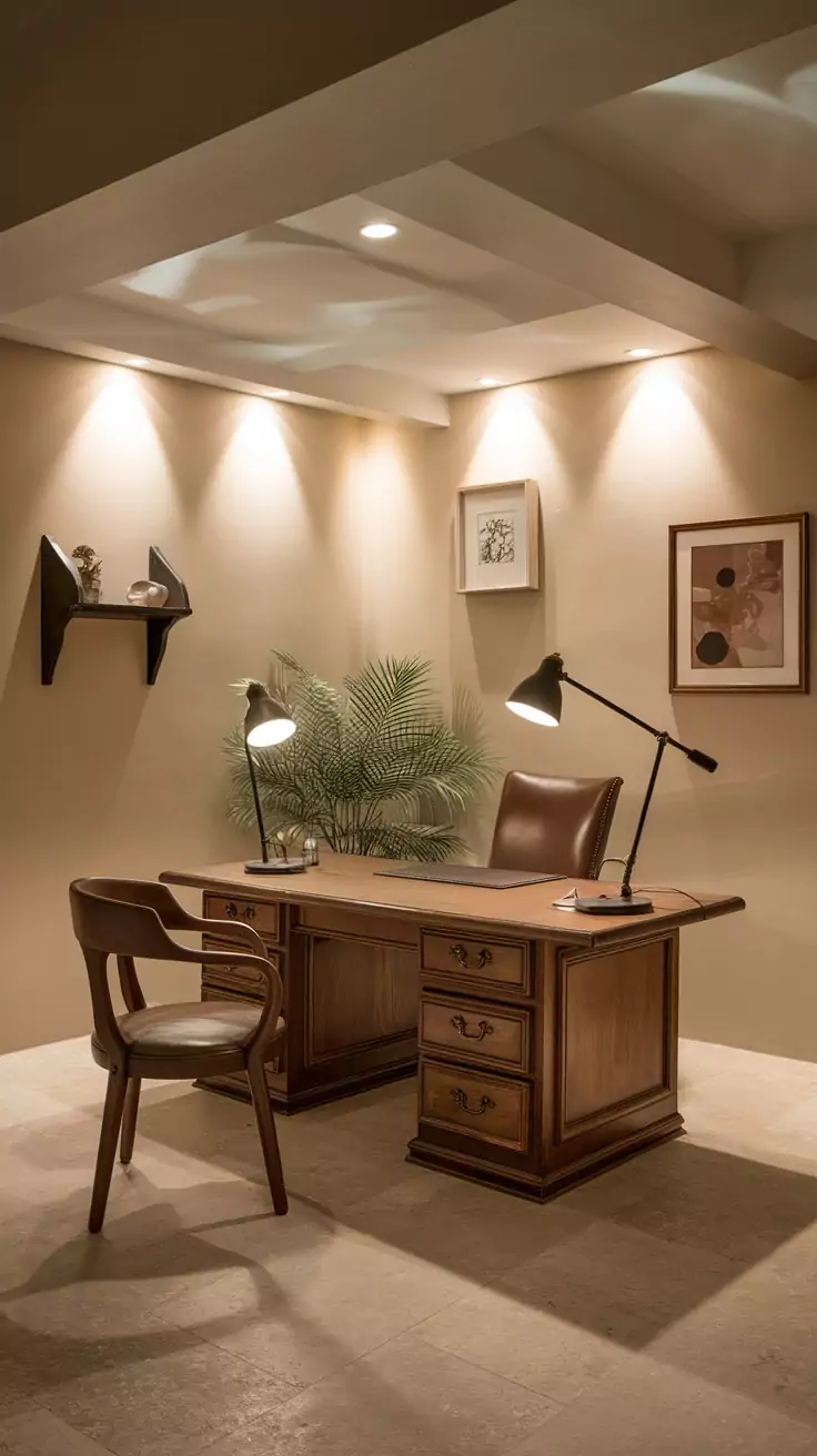 Cozy basement office setup with wooden desk and warm lighting