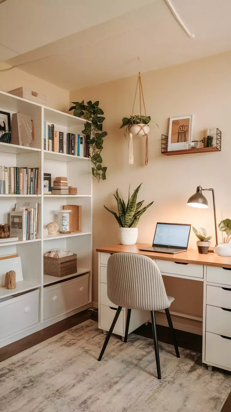 A cozy basement office with a desk, chair, and bookshelves, featuring plants and good lighting.