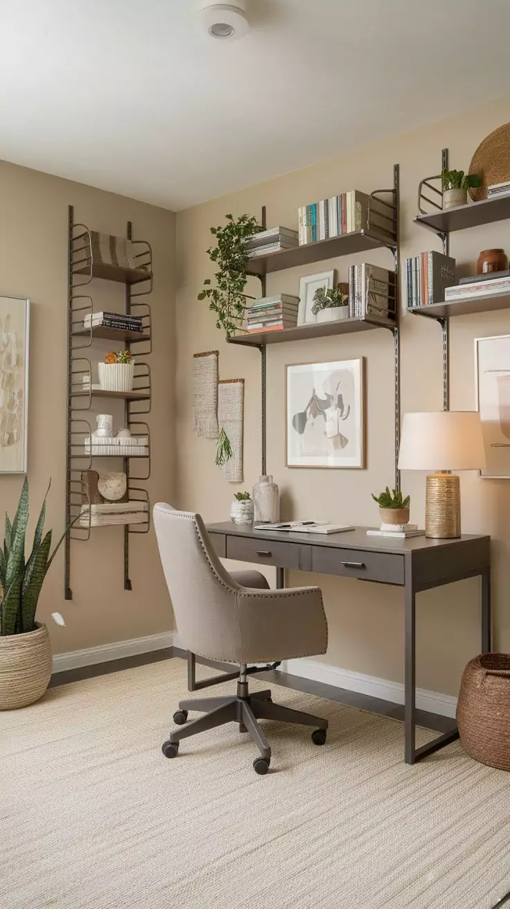 A stylish basement office setup with shelves, a desk, and decorative plants.