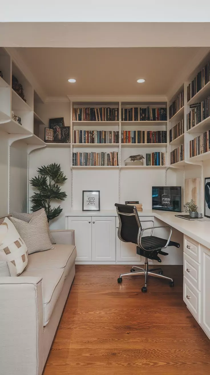 A cozy basement office with a couch, bookshelves, and a desk.