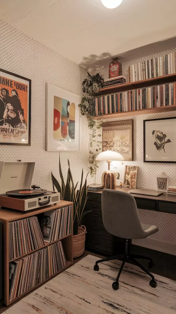 A cozy basement office featuring a desk, vinyl player, and colorful artwork.