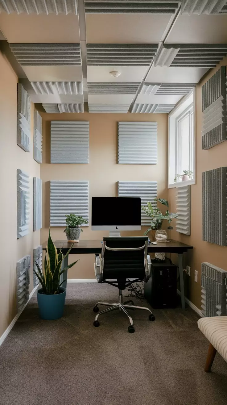 A soundproofed basement office featuring acoustic panels on the walls and ceiling, with a desk and plant.