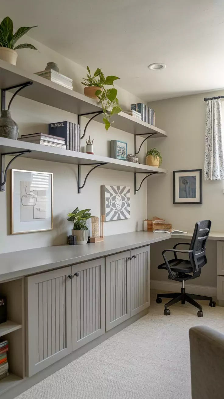 A stylish basement office with shelves, plants, and storage cabinets.