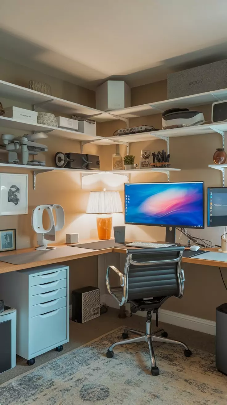 A modern basement office setup with a computer, shelves, and desk.