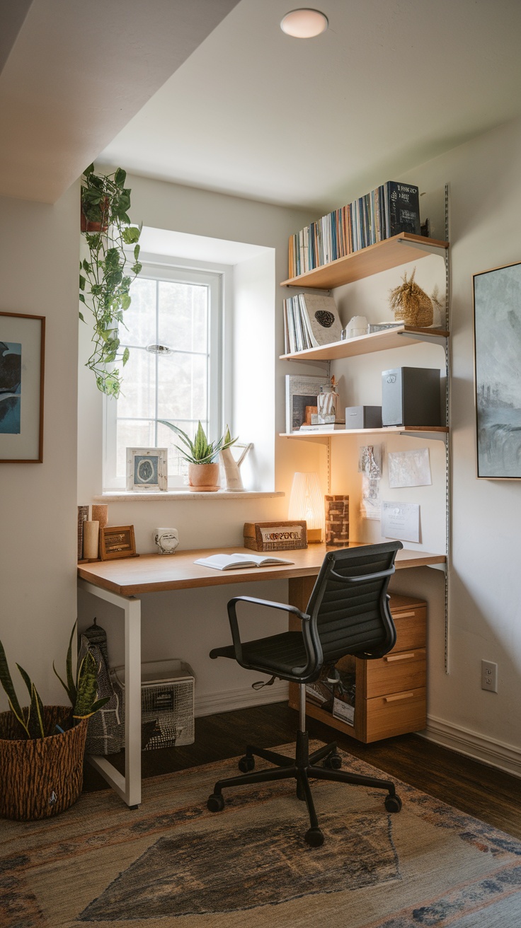 A small and cozy basement office with a desk, chair, and plants.