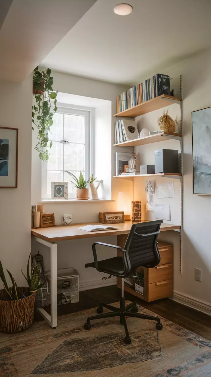 A small and cozy basement office with a desk, chair, and plants.