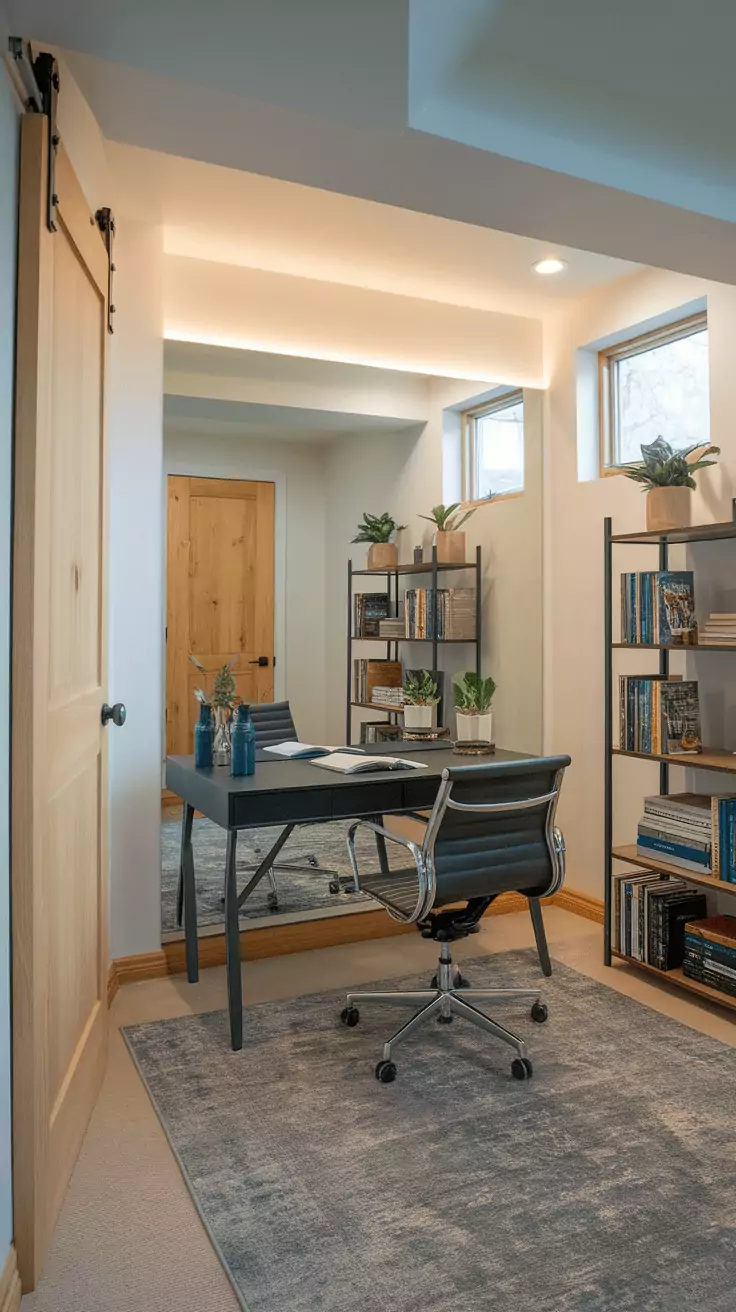 Cozy basement office with bookshelves, desk, and plant.