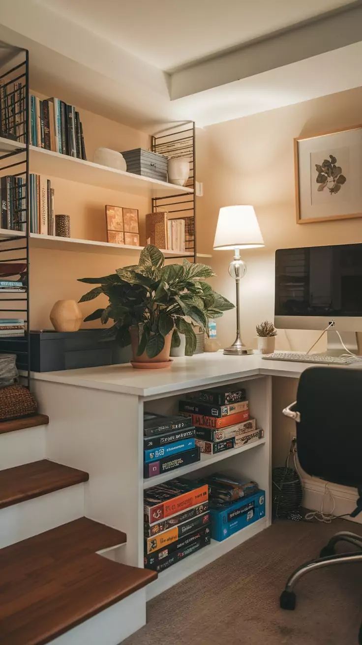 Cozy basement office setup with a desk, computer, and plants.