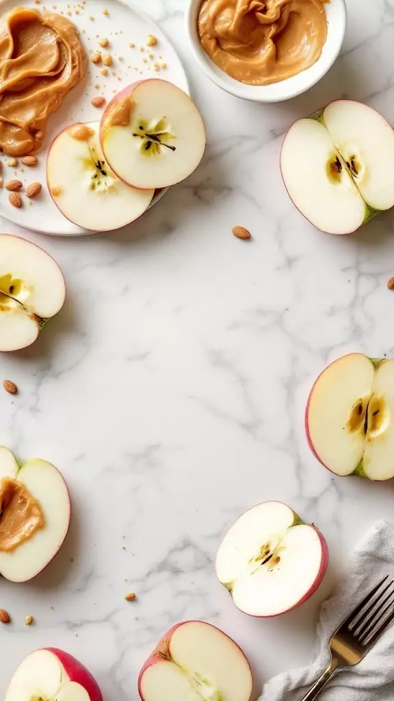 A plate with apple slices and almond butter, showcasing a healthy no-cook breakfast option.