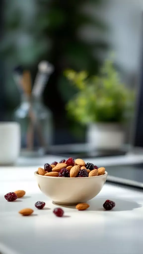 A bowl filled with almonds and dried cranberries on a work desk