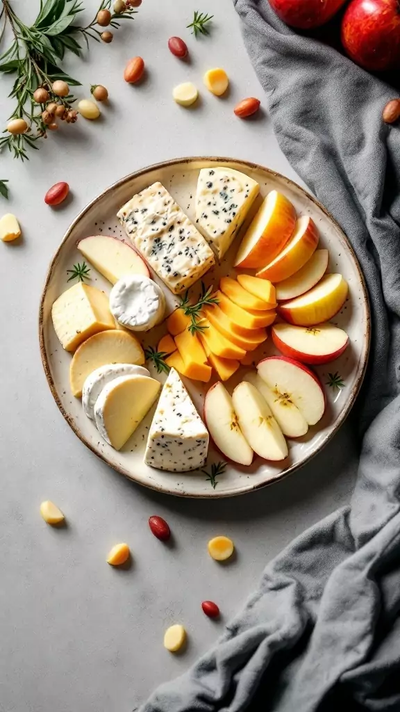 A plate of sliced apples and assorted cheeses