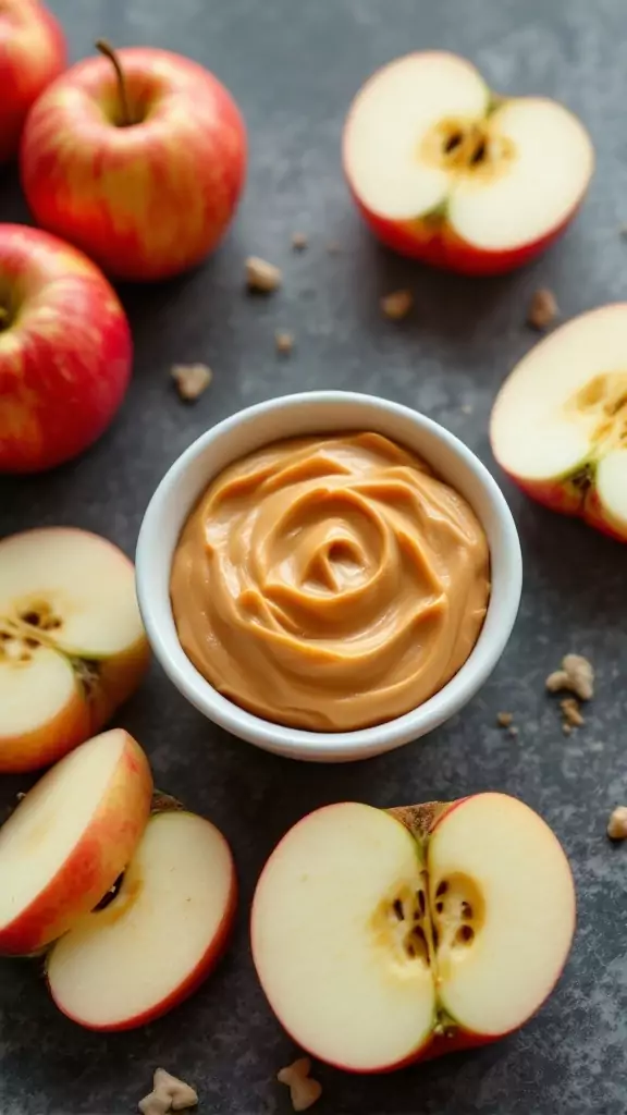 Apple slices with peanut butter in a bowl surrounded by whole apples.