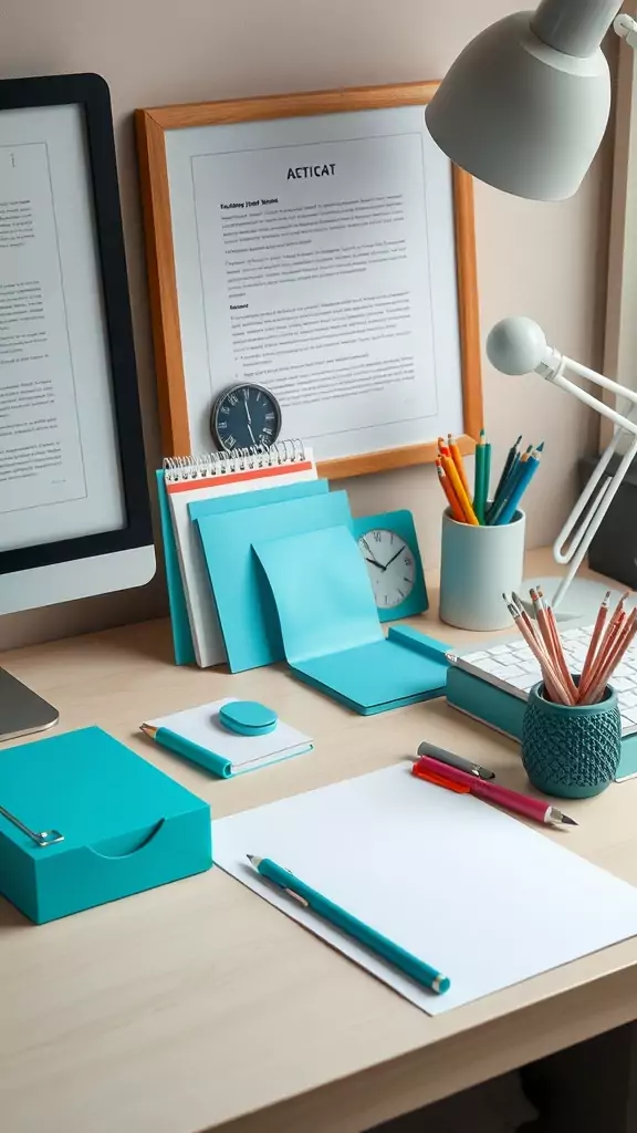 A desk featuring colorful stationery and coastal-themed decor.