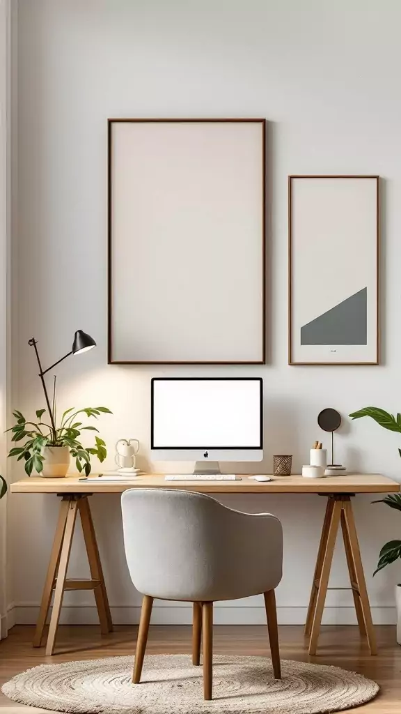 A minimalist home office featuring empty frames on the wall, a wooden desk, a computer, and a comfortable chair.