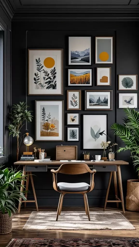 A dark cottagecore home office with artistic wall decor featuring various framed art pieces.