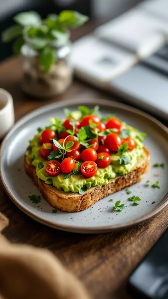 A plate of avocado toast topped with cherry tomatoes, garnished with herbs