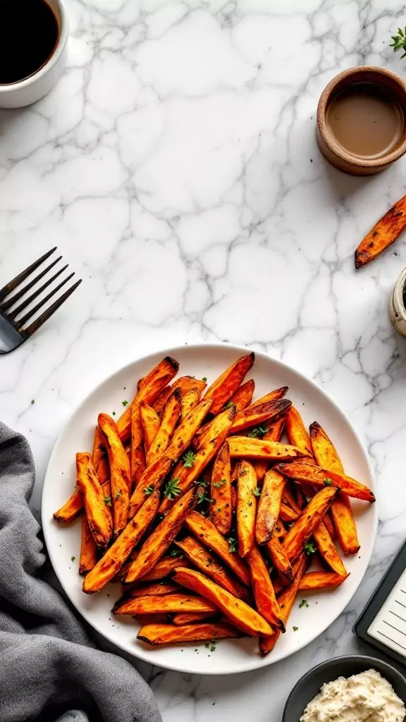 A plate of baked sweet potato fries on a marble surface.