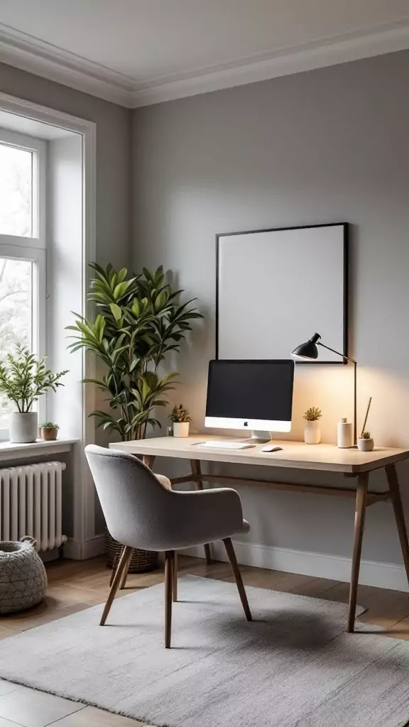 A minimalist Scandinavian home office with a sleek modern desk, plants, and natural light.