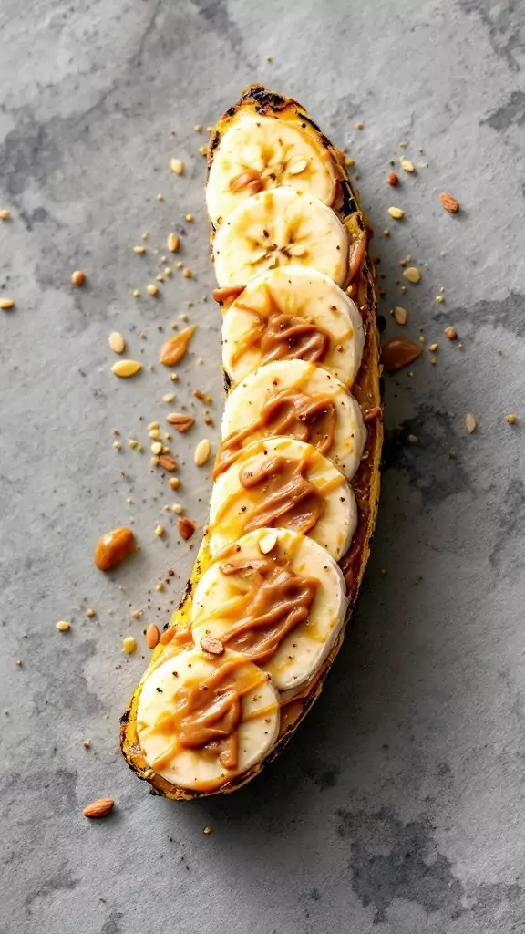 A sliced banana topped with almond butter on a gray surface.