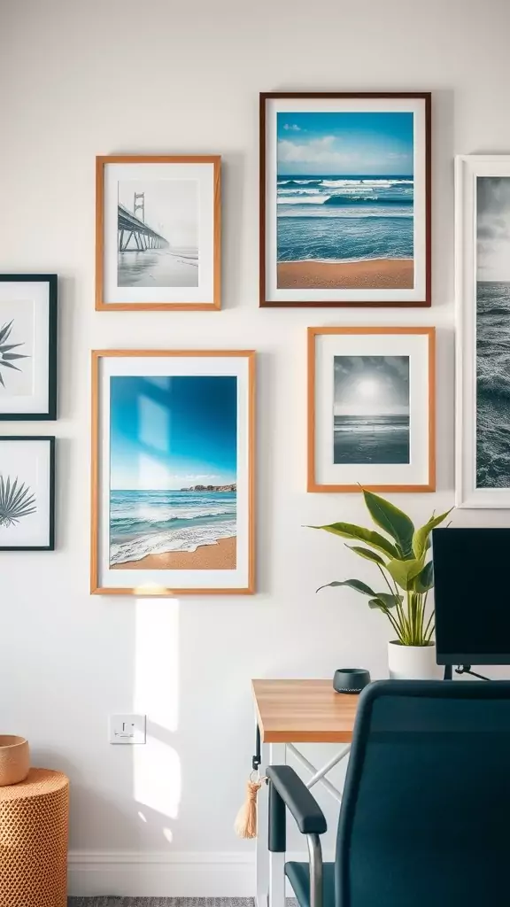 A collection of beach-themed wall art frames in a coastal office setting.