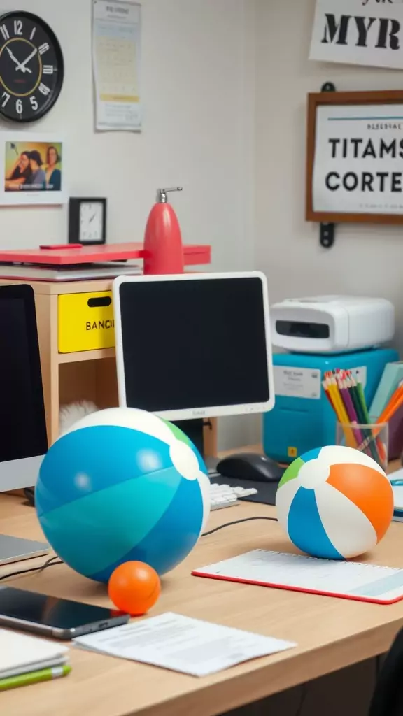 Colorful beach balls on a modern office desk