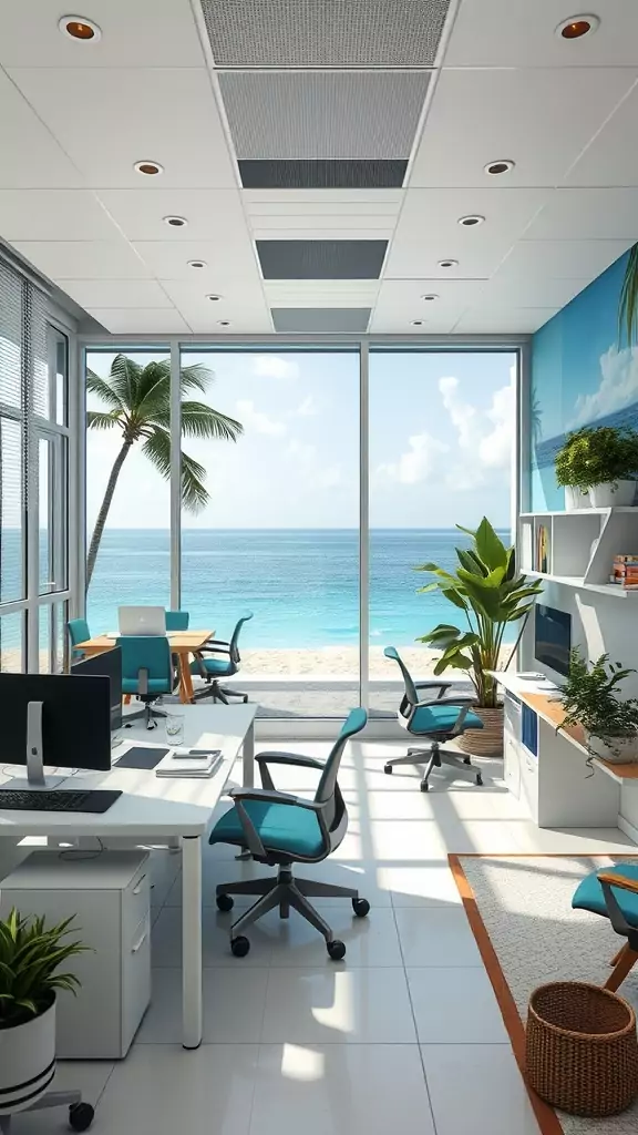 A modern coastal office with large windows overlooking the beach, featuring white desks and teal accents.