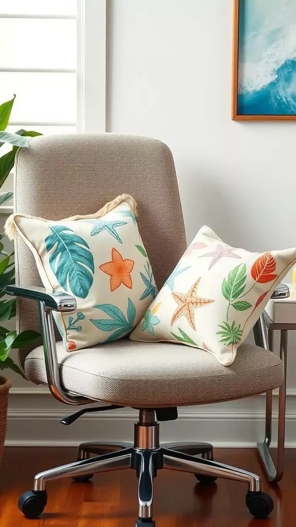 Colorful beach-themed throw pillows on a chair in a coastal office setting.